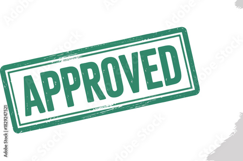 Grungy green approved rubber stamp impression diagonal on a clean white document surface