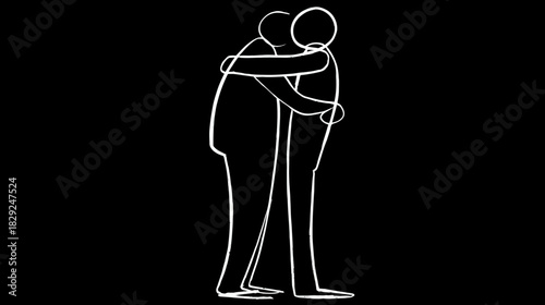 Minimalist outline drawing of two generic figures embracing on a black background, representing love, friendship, comfort, and human connection.