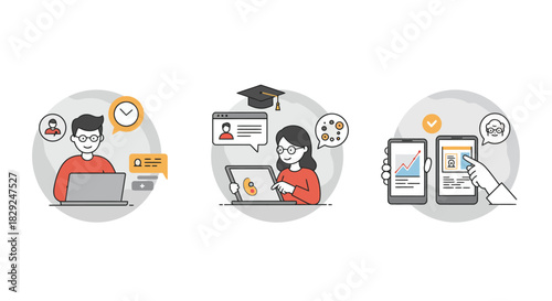 online learning woman studies online financial trends on mobile expert consultation modern education on digital platforms for business presentations