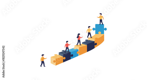 people climbing puzzle stairs symbolizing teamwork and career development in business representing challenge and success for corporate website