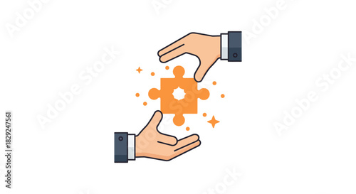 Problem solving with collaborative hands placing an orange jigsaw puzzle piece symbolising teamwork and solution ideal for business concepts.