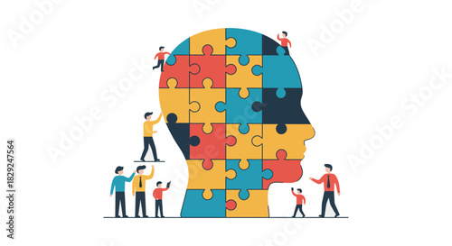 problem solving teamwork showing diverse people collaborating on puzzle head promoting cognitive solutions for innovative team perfect for business concept
