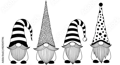 Black And White Gnomes Set Holiday Decorations For Christmas Winter Seasonal Greeting Cards Design