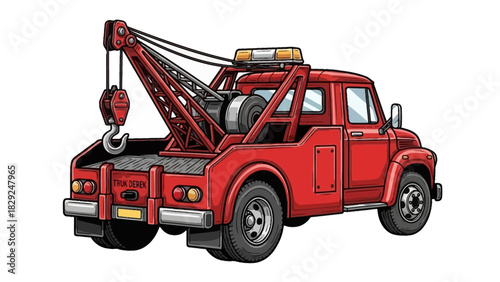 A red tow truck with a crane and flashing lights is depicted from a rear three-quarter perspective.