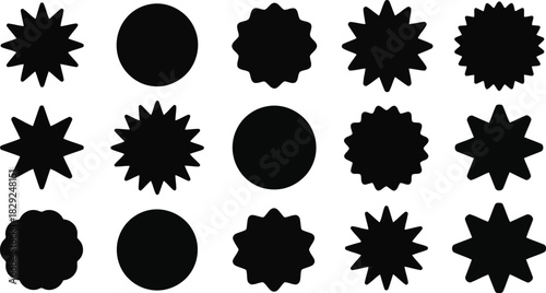 Many black geometric shapes and starburst outlines create a visual pattern on a white surface
