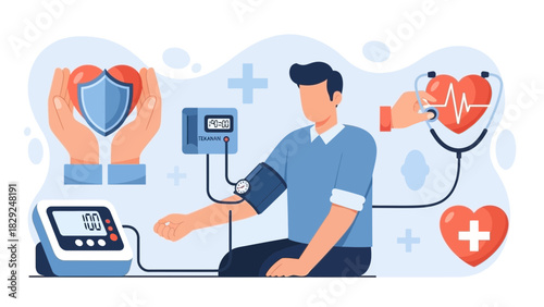 A man having his blood pressure checked with medical devices, surrounded by health symbols like a heart, shield, stethoscope, and plus sign.