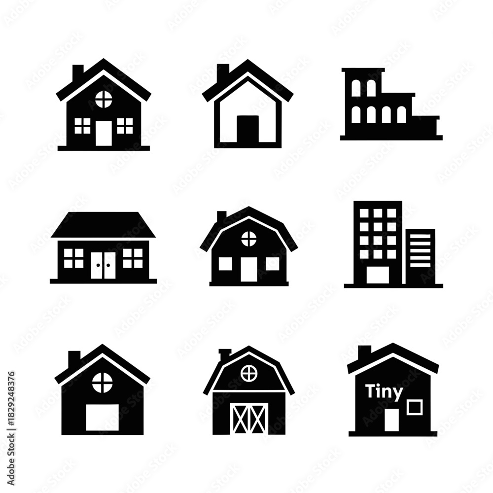 Fototapeta premium Black and white home icons representing various building styles, perfect for real estate, design, and architectural concepts for your project.