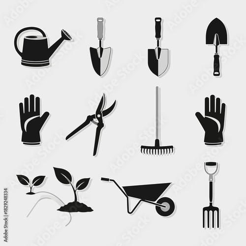 Gardening tools collection in black and white: shovel, watering can, gloves, rake, and more for garden design and landscaping projects