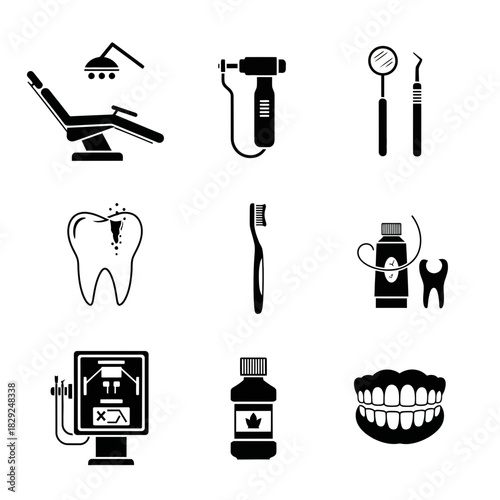 Dental health and hygiene icons representing tools, procedures, and care for teeth, perfect for medical websites and clinics