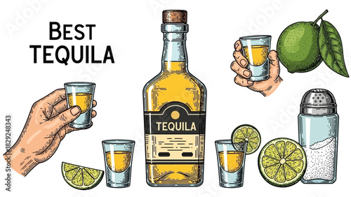 Illustration of a tequila bottle, shot glasses filled with tequila, limes, salt shaker, and hands holding shot glasses, with the text "Best Tequila".