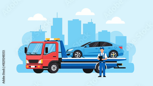 A red tow truck transports a blue car, with a mechanic standing nearby holding a clipboard, against a city skyline backdrop.