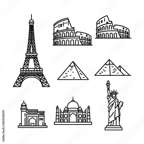 Iconic world landmarks illustrated in minimalist style, perfect for travel, tourism, and global design projects, evoking wanderlust.