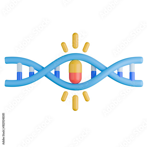 3D scientific illustration showing pill inside DNA double helix structure, represents the study of pharmacogenetics.