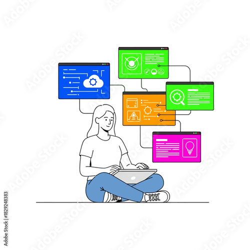 A female developer comfortably manages interconnected cloud computing and data flow networks using floating digital screens in this 2D flat vector illustration.