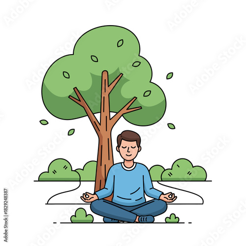 Meditation and mental wellness concept featuring a serene man sitting cross-legged under a sparse tree in a park setting, created in a vibrant 2D flat vector illustration style.