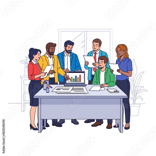 Flat vector illustration showing a diverse business team standing around a desk, intensely collaborating while reviewing project documents and a laptop.