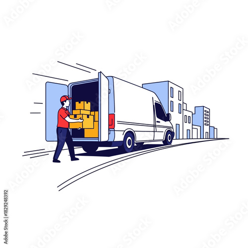 A dedicated delivery courier loads shipping boxes into a large commercial van on a curved street, symbolizing efficient e-commerce logistics service in a clean 2D flat vector illustration.