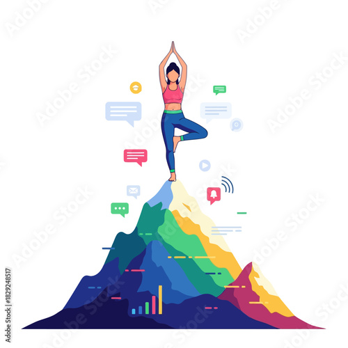 A young woman performs Vrksasana (Tree Yoga Pose) atop a large stylized mountain peak in this vibrant 2D flat vector illustration, representing mental balance and stability.