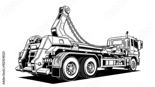 Black and white illustration of a roll-off truck with a chain and hook mechanism, viewed from a low angle.