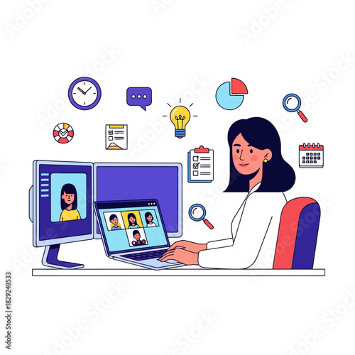 2D flat vector illustration of a young woman sitting at a desk with a laptop and multiple monitors engaged in a video conference call, surrounded by floating productivity icons.