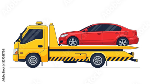 A yellow tow truck is transporting a red sedan on its flatbed, isolated on a white background.