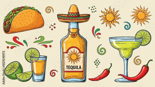 Colorful illustration featuring a taco, tequila bottle with sombrero, shot glass, margarita, limes, chilis, and sun icons on a beige background.