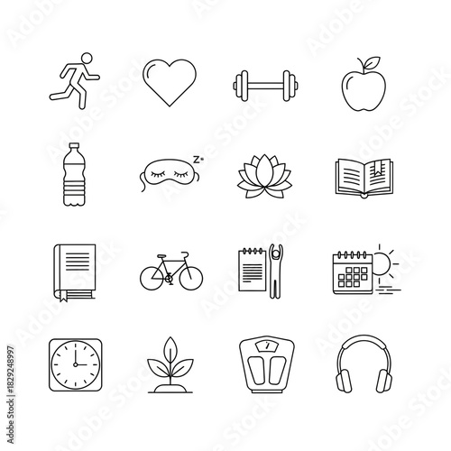 Essential wellness icons representing healthy lifestyle choices, fitness, balance, and mindful living for optimal well being and success
