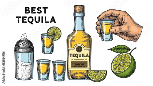 Hand-drawn illustration of a tequila bottle, shot glasses filled with tequila, lime slices, and a salt shaker.