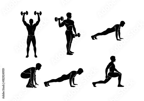 Silhouette of Fitness Exercise Poses with Dumbbells and Bodyweight