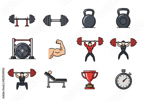Weightlifting Equipment and Muscular Strength Icons Set for Fitness Enthusiasts