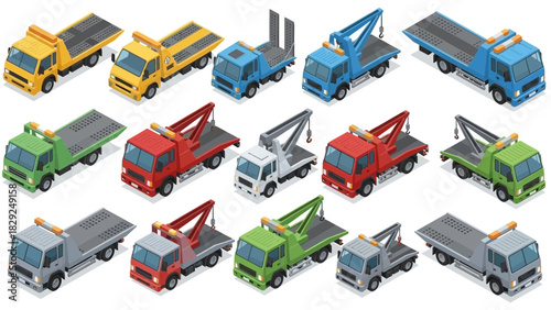 Isometric illustration showcasing a collection of tow trucks in various colors and sizes, arranged on a white background.