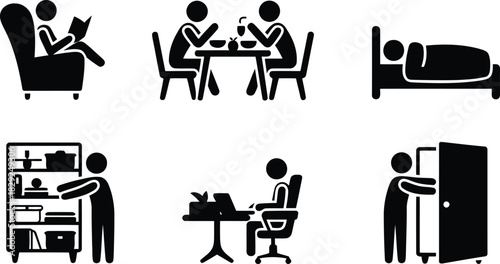 Simple black stick figures illustrate common human daily routines and household activities on a plain white surface