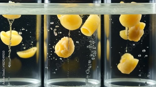Pasta falling into water, creating splashes