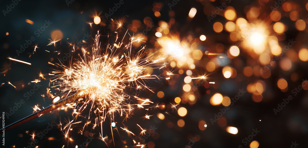 Obraz premium close-up of a blurred background with bokeh lights and sparklers in the foreground, symbolizing a celebration for new year's eve or other events.
