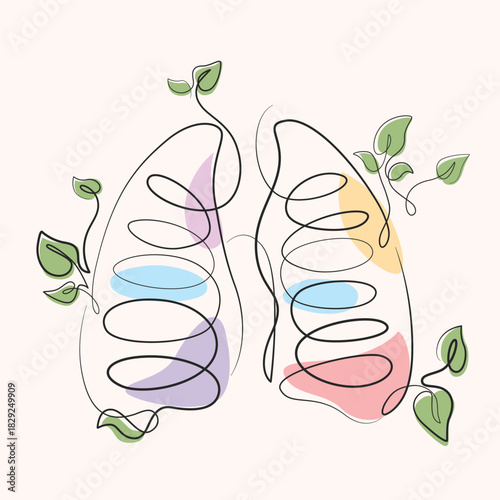 Lungs with growing plants one line drawing. Lungs with growing plants single line illustration. Lungs with growing plants minimalist line art