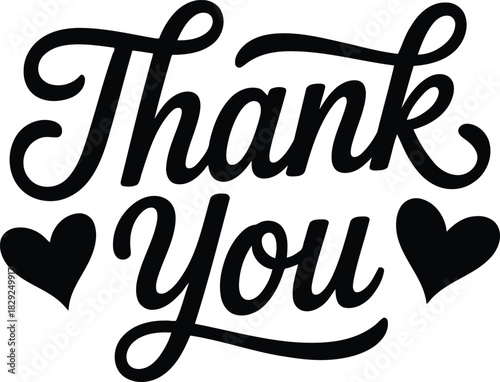 Thank You elegant script text with two black heart symbols against a bright white setting