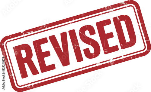 This grunge red rubber stamp displays the prominent word REVISED against a bright white background