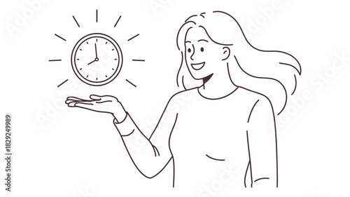 Line Art of Woman Holding Clock Symbolizing Time Management and Productivity
