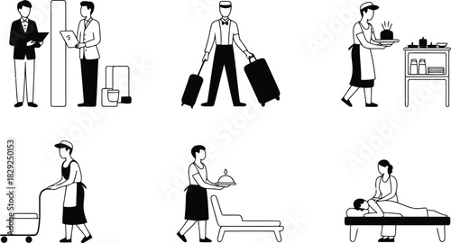 Variety of black and white illustrations showing hotel employees performing their daily hospitality tasks