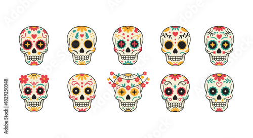 sugar skull day of the dead icons festive calaveras collection showcasing traditional mexican culture for día de muertos celebrations cultural heritage