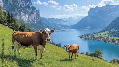 Two cows stand amidst picturesque, mountainous scenery overlooking a serene lake.