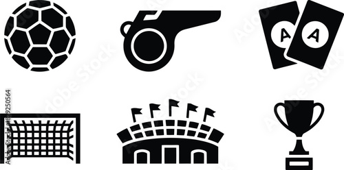 Various essential football sports equipment and symbols displayed as black silhouette icons on a clean white background