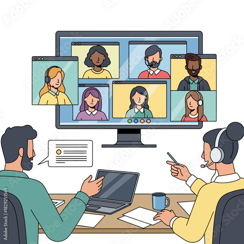 Remote team collaboration happens during a focused virtual video conference meeting shown on a large screen, featuring one presenter working from a modern home office desk in 2D flat vector style.
