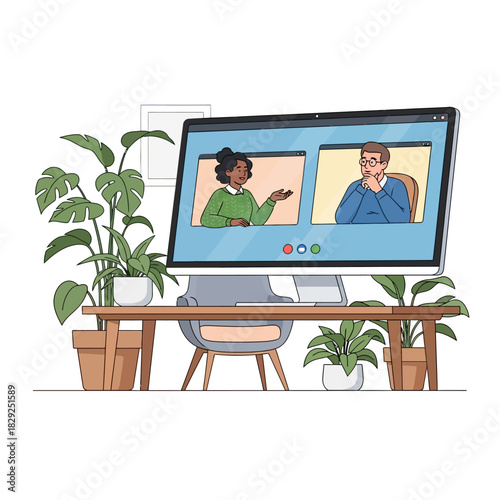 Diverse colleagues collaborate on a video conference using a massive monitor in a modern, comfortable, plant-filled home office, created in a flat 2D vector illustration style.