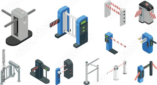 Isometric security turnstile and barrier gate set, access control system illustrations, checkpoint entry equipment, modern security gate icons for facility management