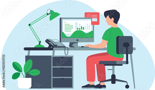 Modern home office workspace illustration, person working at computer desk, remote work concept, digital productivity setup, professional workstation graphic design