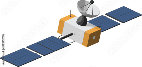 Isometric satellite illustration, modern space communication device, orbital technology graphic, solar panel spacecraft design, advanced satellite equipment for global signal transmission