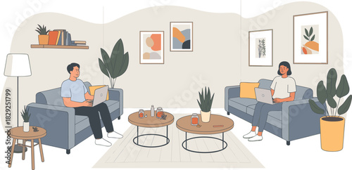 Modern living room workspace illustration, people working on laptops, home office environment, remote work concept, cozy interior design with plants and decor