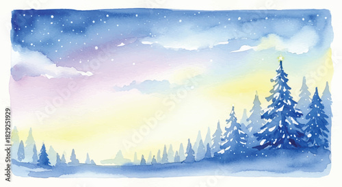 Winter forest scene with snow covered pine trees under a starry sky.