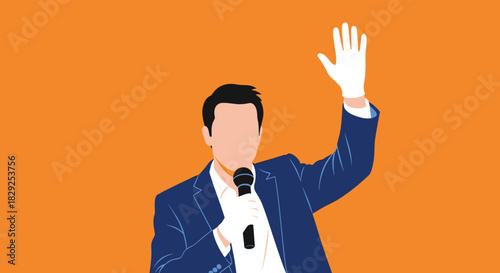 A man in a suit and white glove holds a microphone while raising his hand.